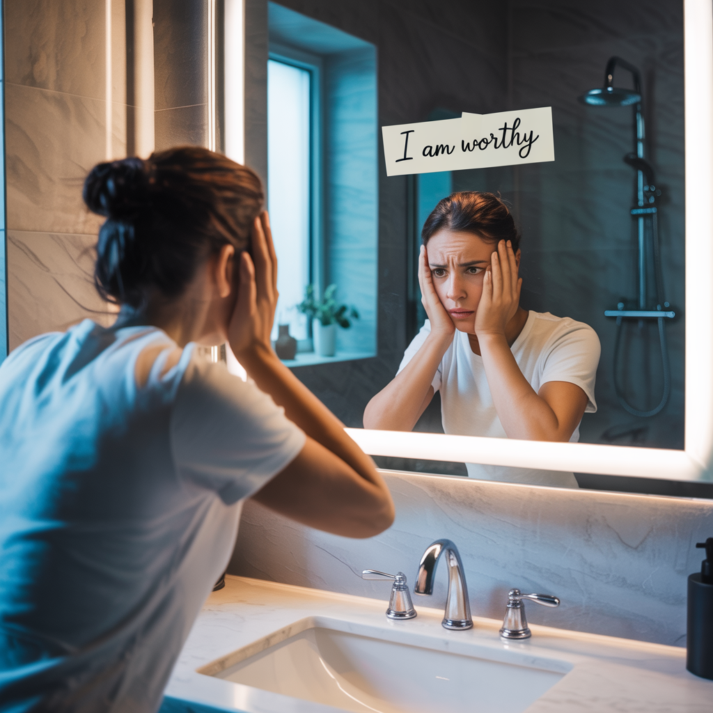Person looking in mirror with frustrated expression